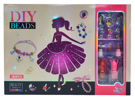 Набор для создания браслетов DIY BEADS  +  косметика  , 180 элементов ( розовая коробка )