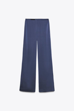 ZARA АТЛАСНЫЕ БРЮКИ С ВЫСОКОЙ ПОСАДКОЙ, ТЕМНО-СИНИЙ