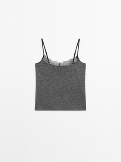 Massimo Dutti Топ в бельевом стиле с отделкой кружевом, серый