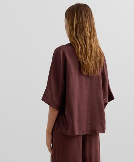 Oysho Рубашка свободного кроя с коротким рукавом из 100% льна, винный