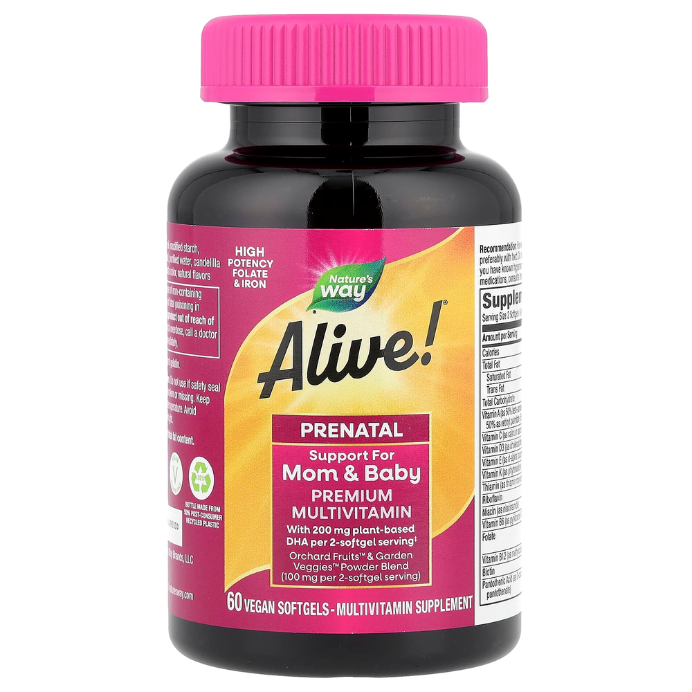 Nature's Way, пренатальные мультивитамины премиального качества Alive!®, со вкусом ягод, 60 веганских капсул