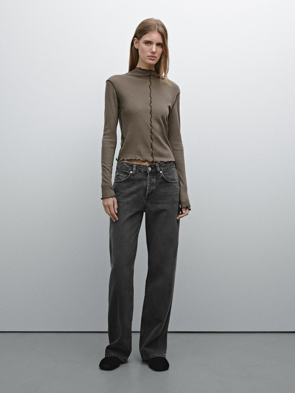 Massimo Dutti Футболка с декоративными швами и окантовкой, жженый