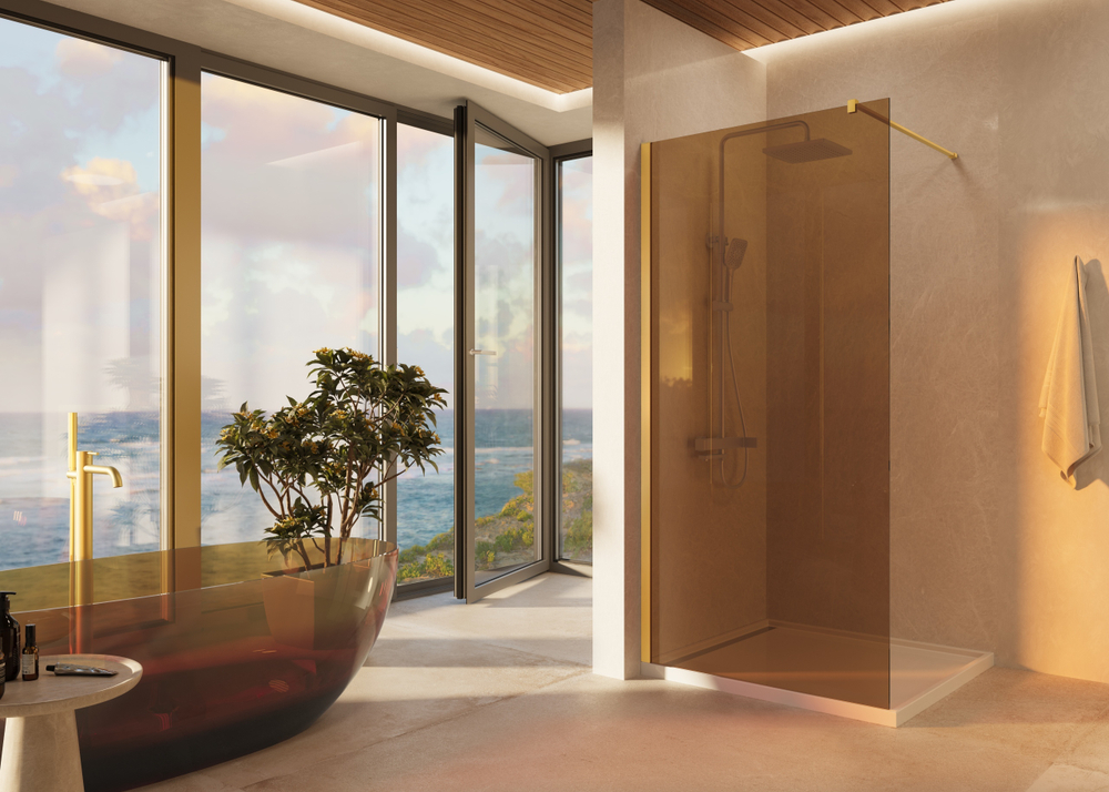 Душевая перегородка Walk-In VSW-1H100GSG, 1000*2000, матовый золотой, стекло янтарь