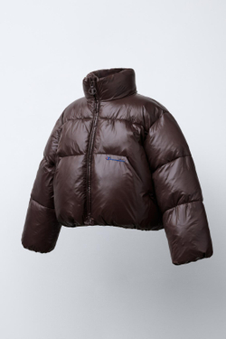 ZARA X CHAMPION ® СТЕГАНАЯ КУРТКА С ВЫШИВКОЙ, КОРИЧНЕВЫЙ