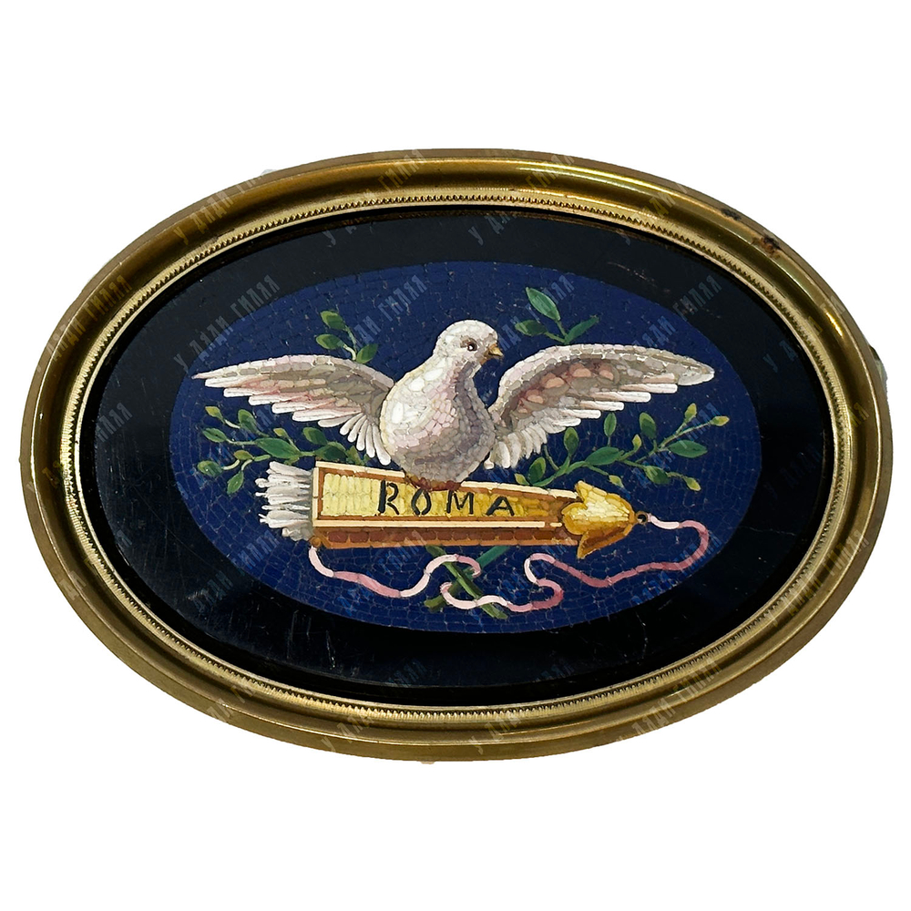 Римская микромозаика «Голубь на колчане со стрелами» с надписью «Roma». Италия. XIX в.