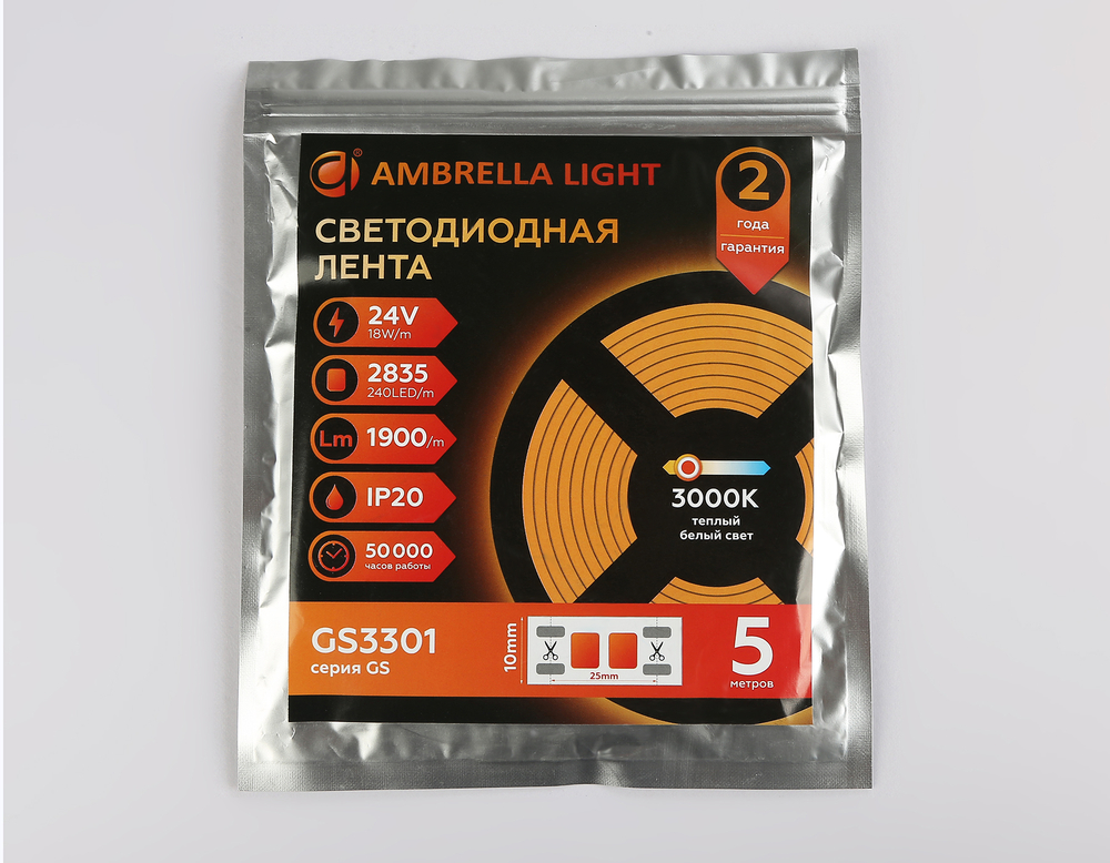 GS3301 2835 240Led/ 18W m/ 24V IP20 3000K/ 5000*10*1.2mm (2 конт.)