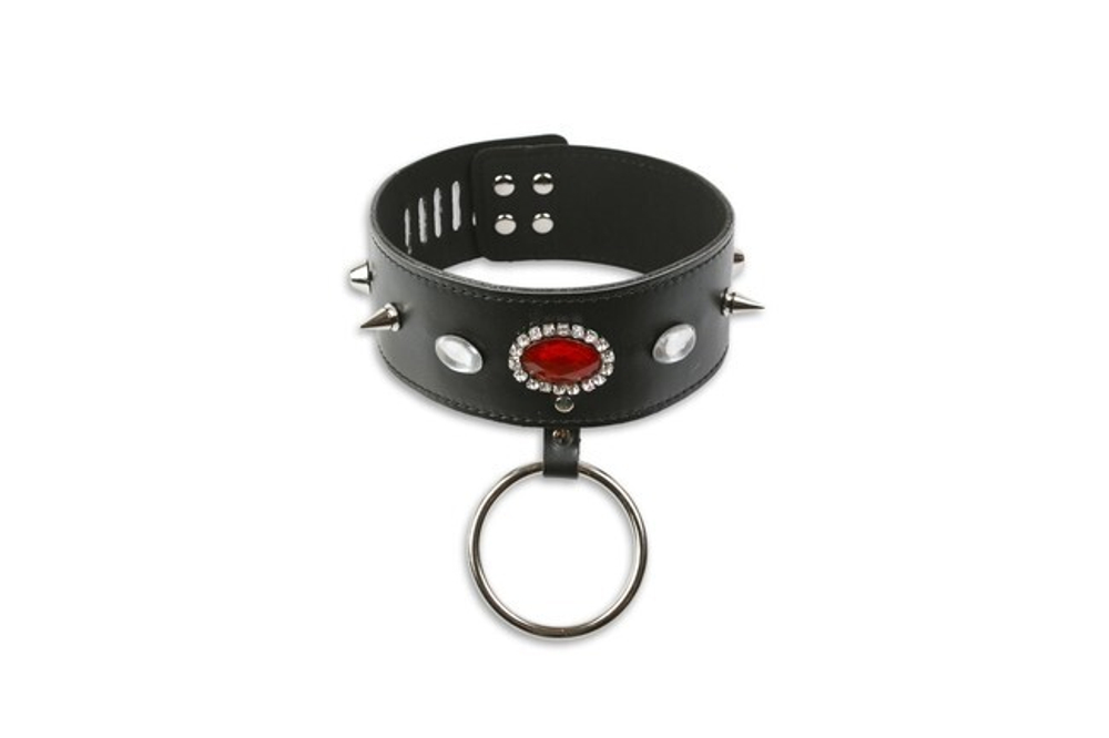 Дизайнерский ошейник с шипами и кольцом (Цвет: черный с красным)
