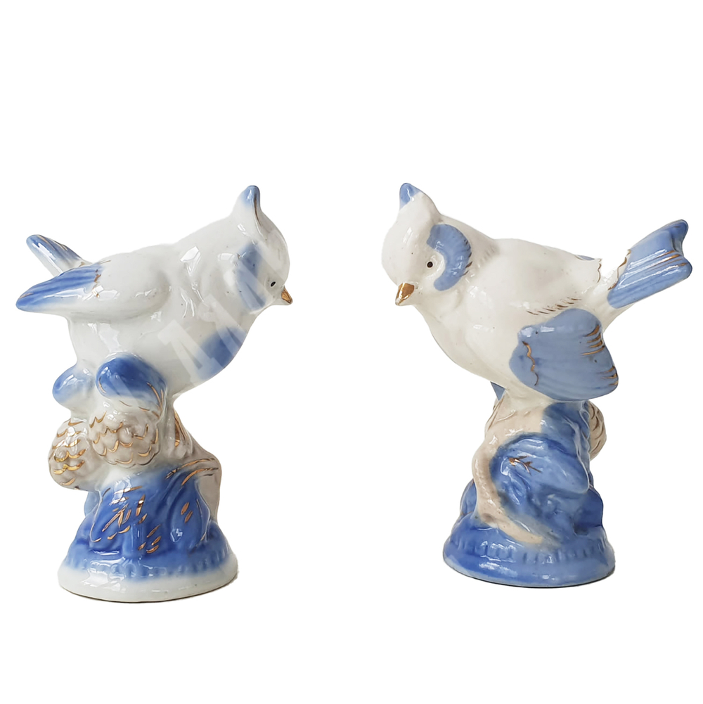 Фарфоровая статуэтка. Синичка. Анималистика. Старая Гжель. Фарфор, позолота, ручная роспись,  СССР.