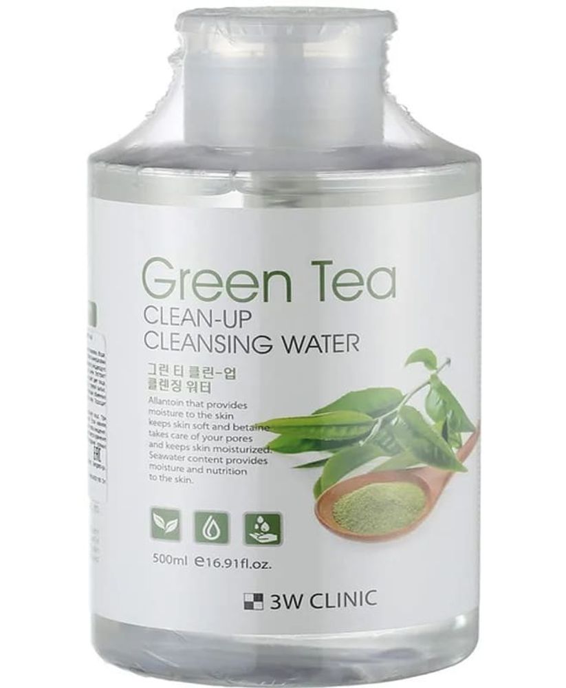 Очищающая вода для снятия макияжа 3W Clinic Green Tea Clean-Up Cleansing Water с экстрактом зеленого чая 500 мл