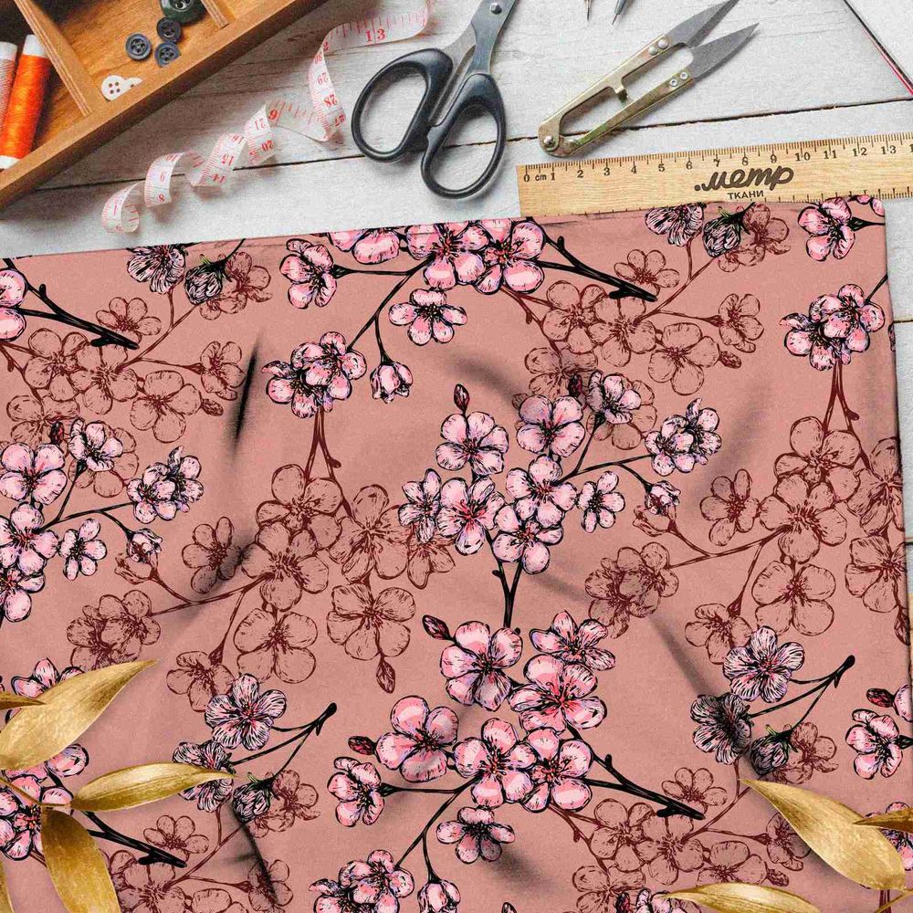 Ткань шифон веточки с листочками