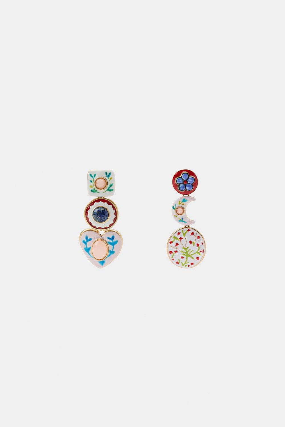 ZARA СЕРЬГИ «ТРОЙНОЕ СЕРДЦЕ И ЛУНА С КАМНЕМ», РАЗНОЦВЕТНЫЙ