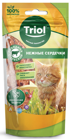 Triol, Лакомство для кошек, Нежные сердечки из говядины и треской, 40 гр.