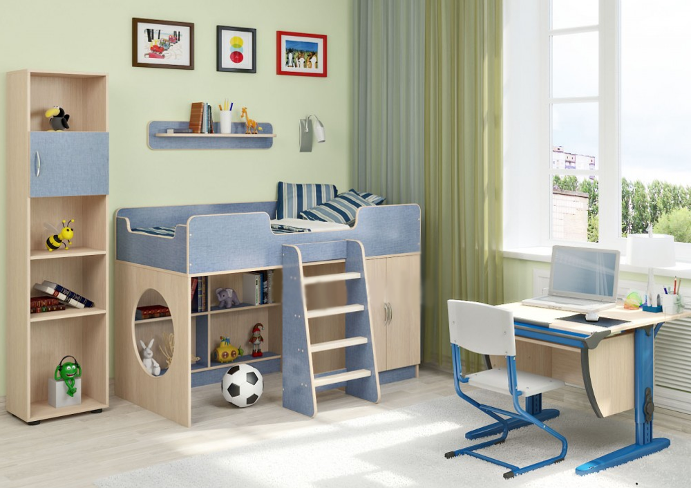 Детская стенка КарИВи Легенда 2  Дуб Молочный Светло-синий, голубой