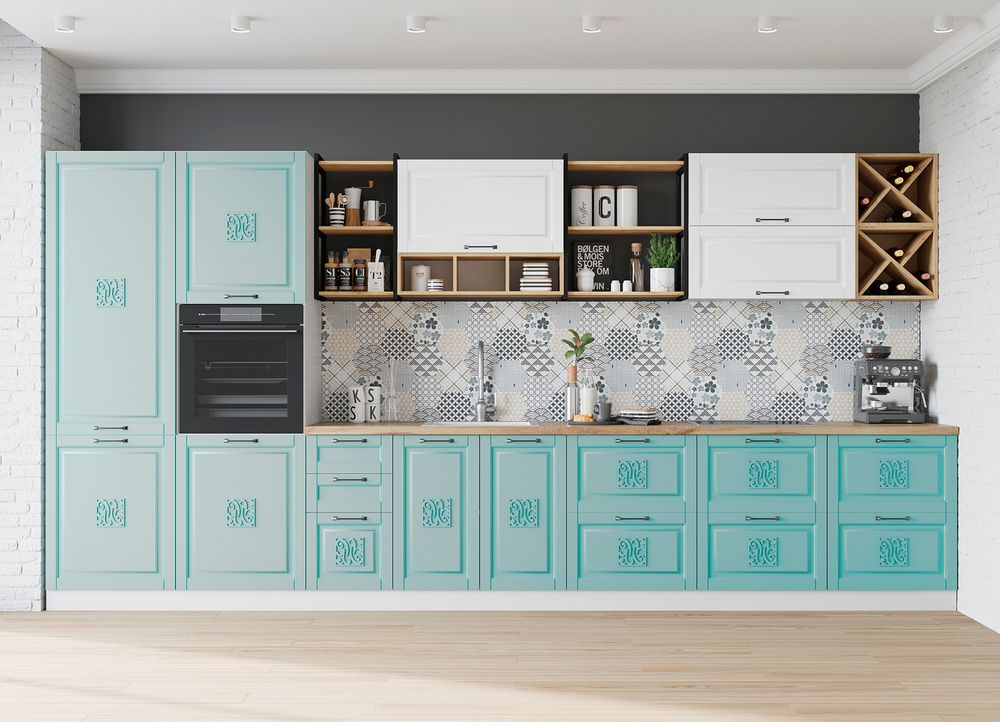 Модульный кухонный гарнитур «Опера» 4200 (Белый патина/Киви)