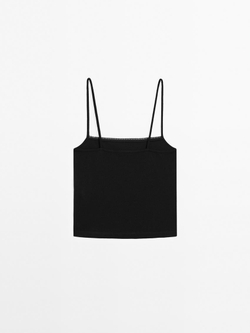 Massimo Dutti Трикотажный топ на бретелях с кружевом, черный