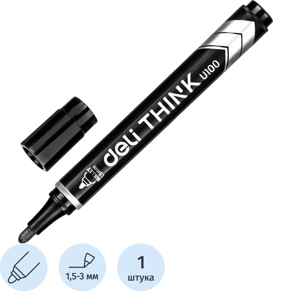 Маркер перманентный Think, круглый наконечник, тол лин 1,5 мм, черный