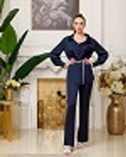 08-02-21 FW Шелковая блуза с глубоким декольте с воротником стойка, синий XL