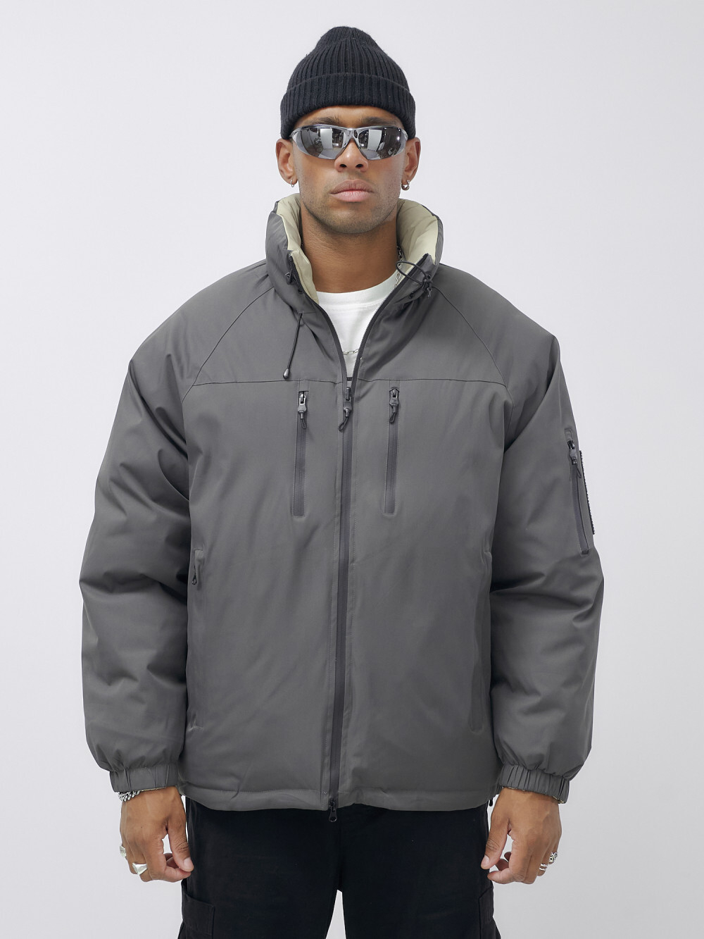 Куртка двухсторонняя мужская молодежная зимняя серого цвета 25308Sr