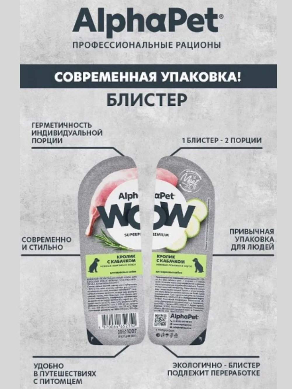 Влажный полнорационный корм для собак AlphaPet WOW, кролик и кабачок ломтики в соусе 100гр. 15 упаковок