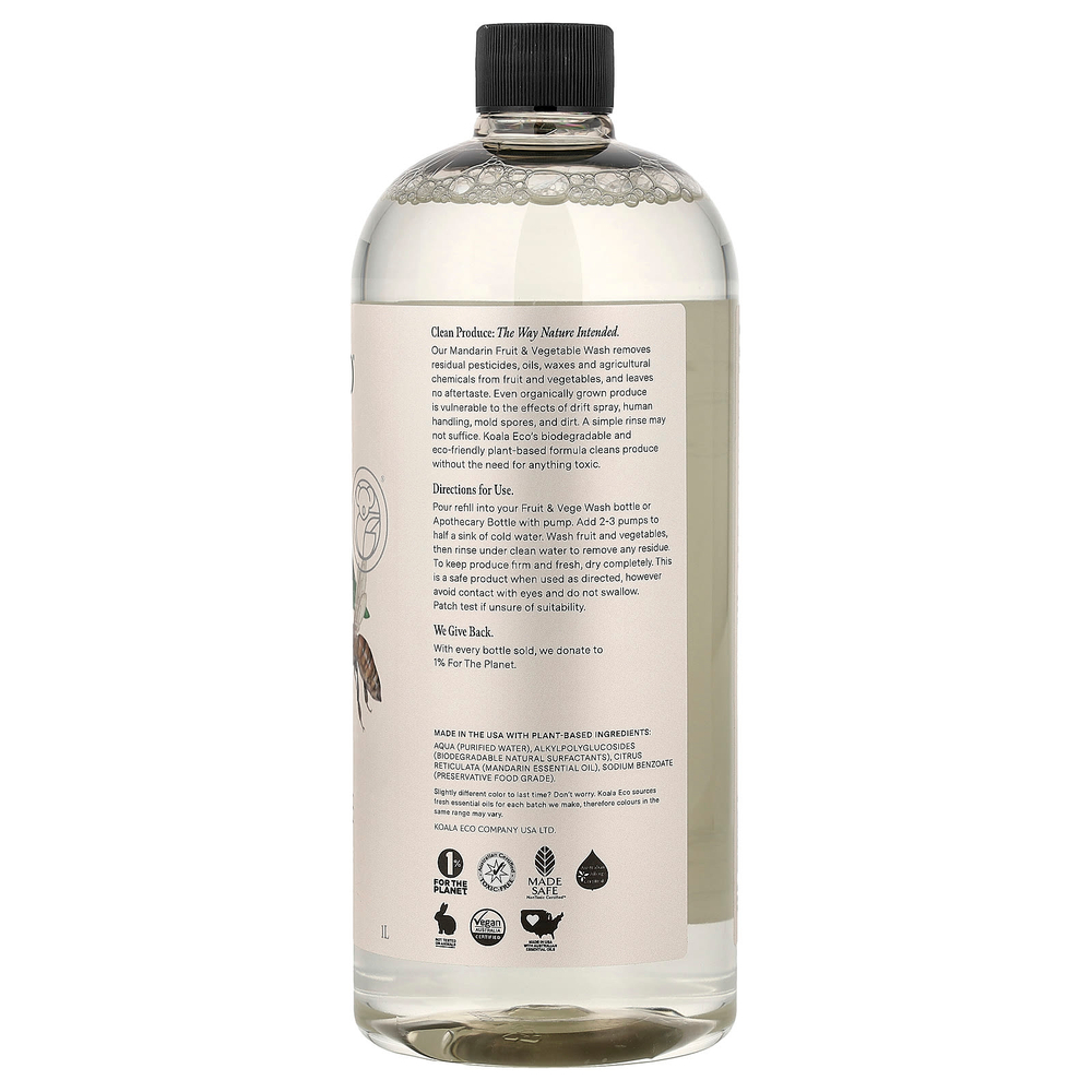Koala Eco, натуральное средство для мытья фруктов и овощей, сменная упаковка, эфирное масло австралийского мандарина, 1 л (33,8 жидк. унции)