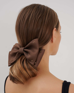 Бант "Балерина" коричневый с золотыми бусинами