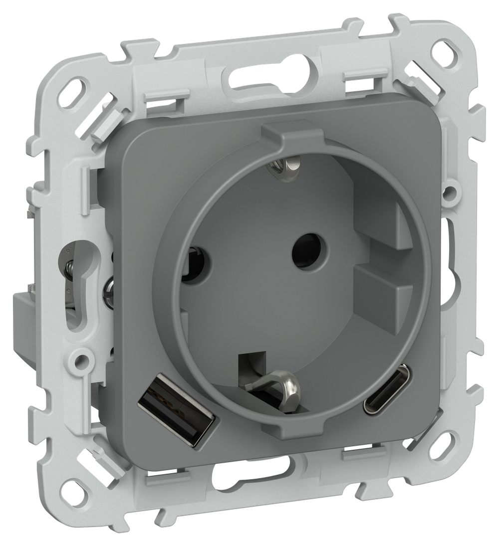 FLITE Розетка 1-местная с заземлением с защитными шторками 16А с USB A+C 20Вт безвинтовое крепление РСЮшс11-1-ФлМА мокрый асфальт IEK