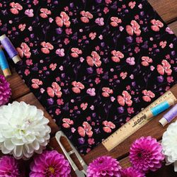 Ткань шелк Армани мелкие насыщенные розовые цветы на чёрном фоне