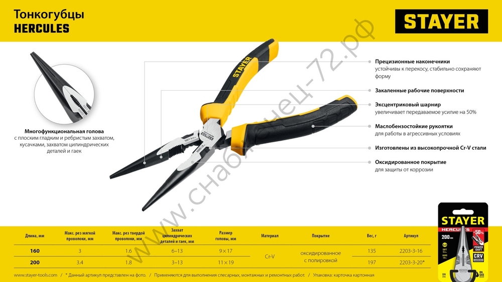 STAYER Hercules 200 мм, Тонкогубцы (2203-3-20)