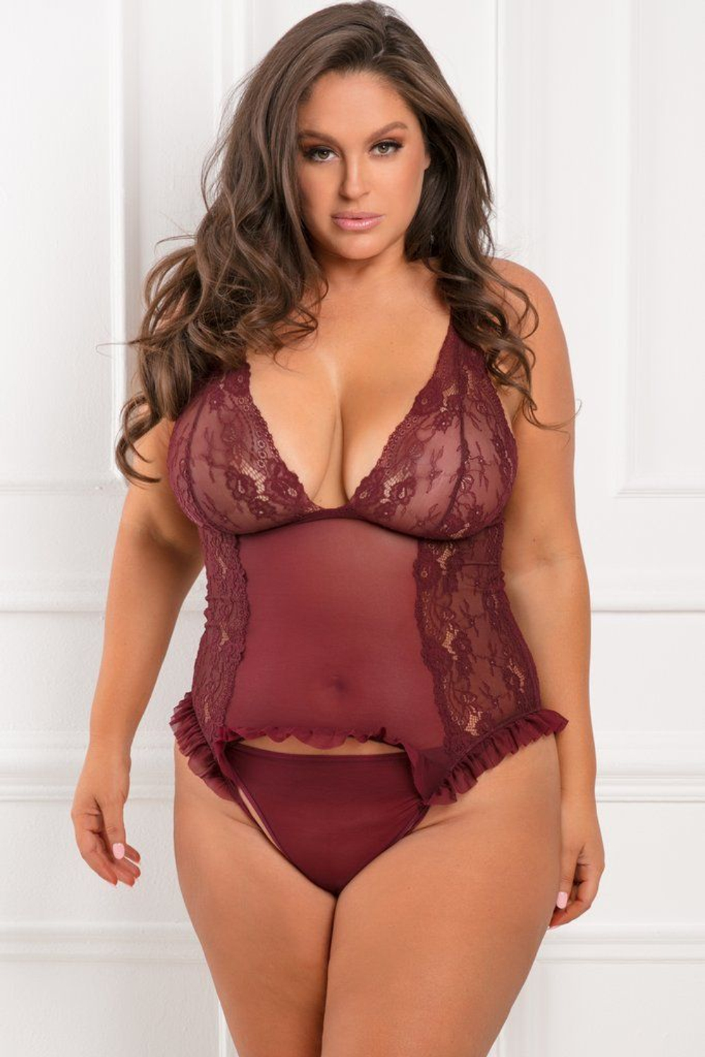 Боди на тонких регулируемых бретелях с кружевными чашками (Размер: XL-XXL) (Цвет: бордовый)