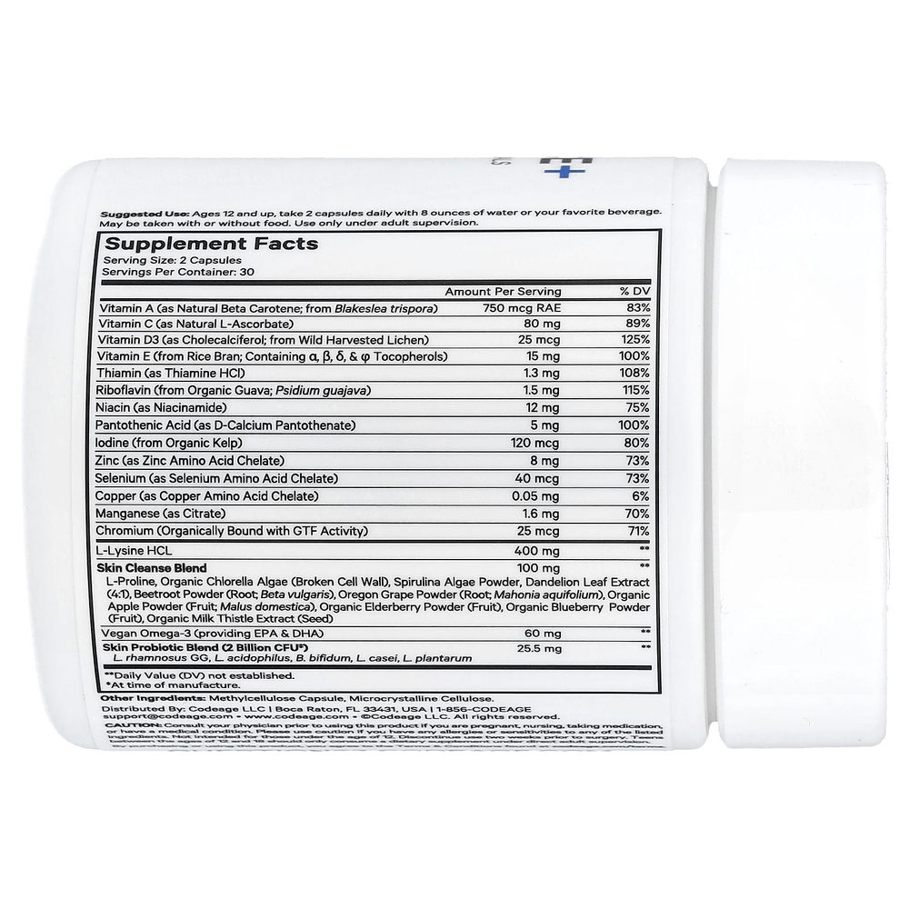 Codeage, Teen Clearface+, добавка для здоровья кожи лица подростков, 60 растительных капсул