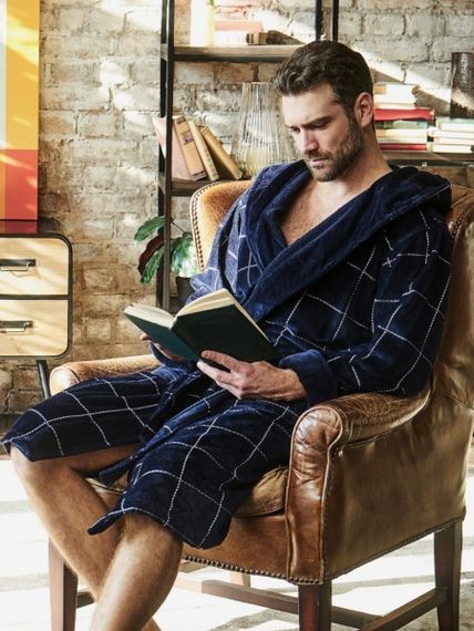 Мужской махровый халат Kevin с капюшоном синий POLENS