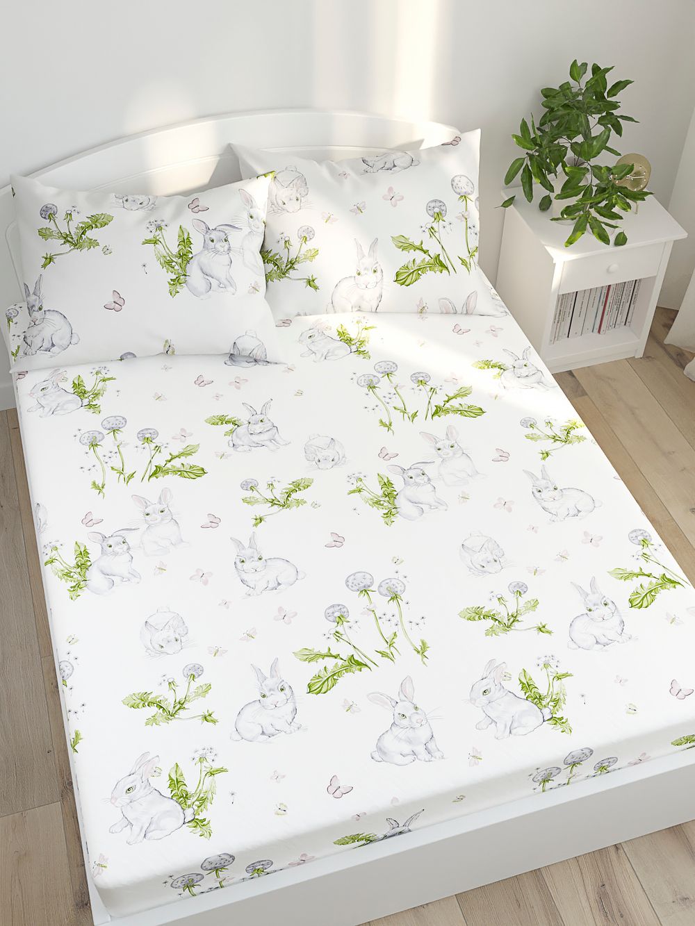 Постельное белье Сказка "Кролики" 1,5-сп Наволочка 50х70 см 1 шт Простынь 150х215 см Пододеяльник 145х215 см, поплин