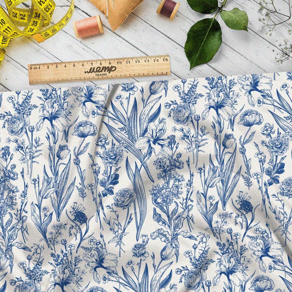 Ткань дюспо цветы голубого и синего оттенка
