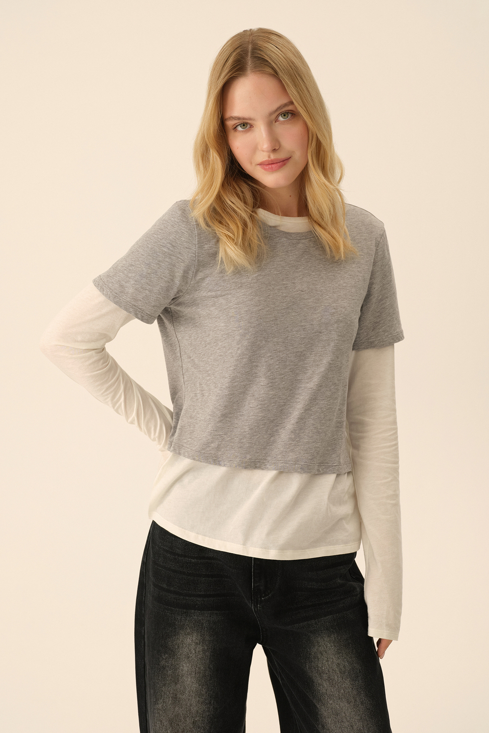 Лонгслив с футболкой (Ballet princess), молочный с серым