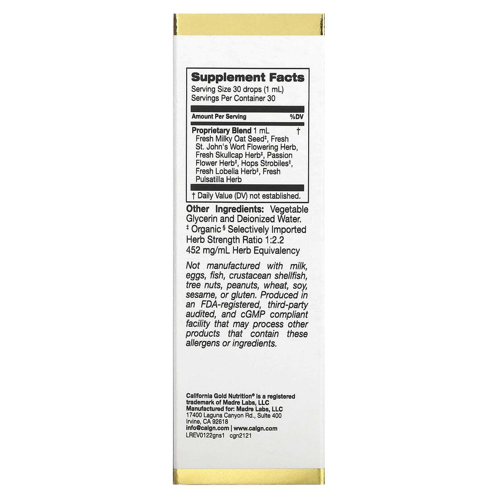 California Gold Nutrition, Goodnight Sleep, добавка для спокойного сна с запатентованной смесью свежих семян молочного овса, свежих соцветий зверобоя, свежей травы шлемника и пассифлоры, 30 мл (1 жидк. унция)