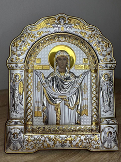 Покрова БМ, икона арочная с рамкой, красное дерево 266х335