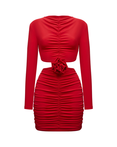 Платье со сборкой и декором "Роза", красный