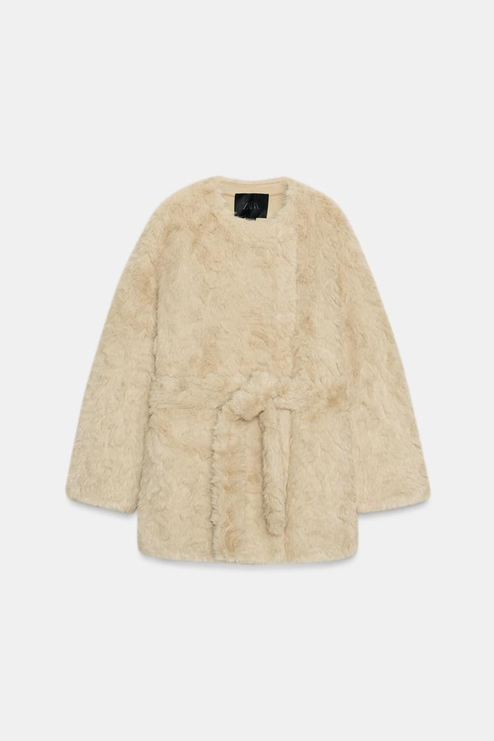 ZARA ШУБА ИЗ ИСКУССТВЕННОГО МЕХА С ПОЯСОМ — ZW COLLECTION, ЭКРЮ