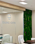 Вертикальное озеленение стабилизированным мхом и растениями офиса компании «Оазис-Сити»