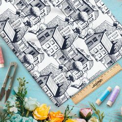 Ткань бязь карандашные дома на белом фоне