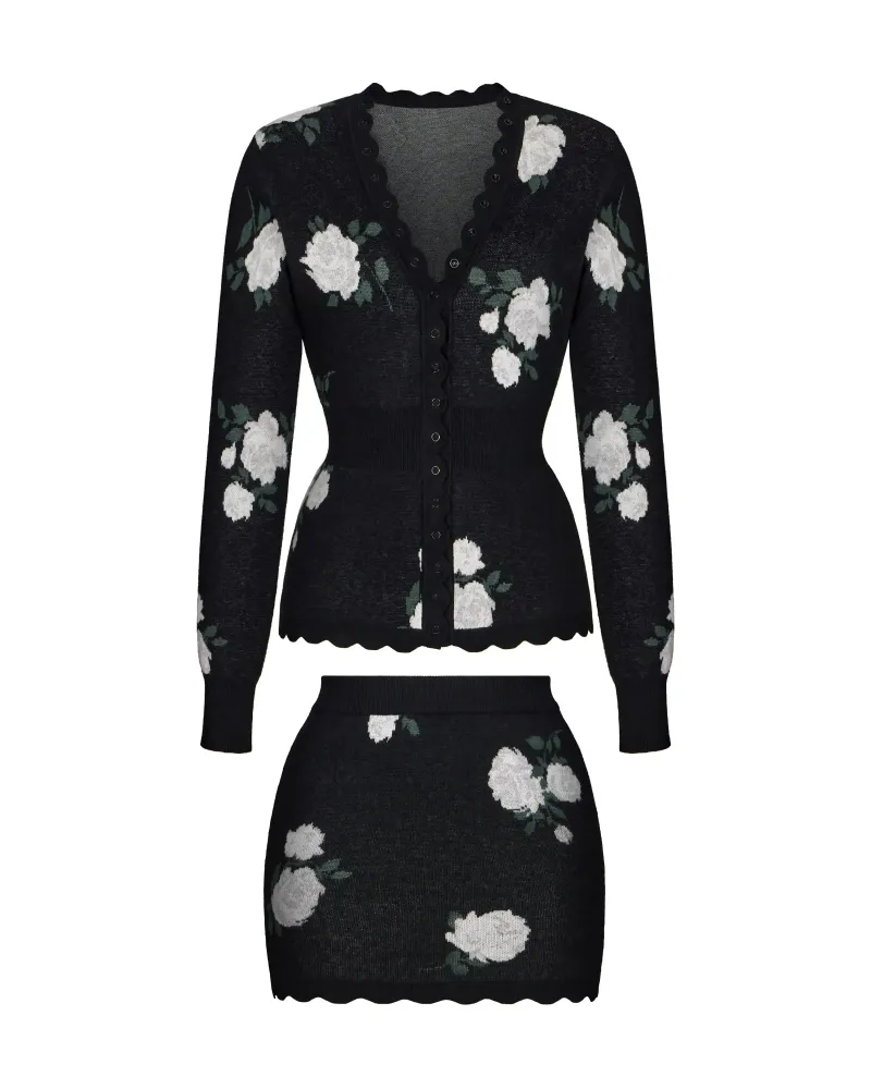 Lana-Tracy, вязаный комплект с юбкой мини из черного хлопка с цветочным принтом