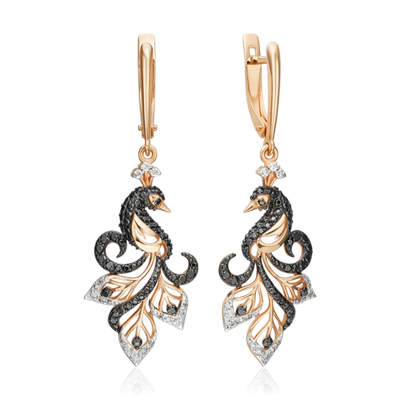 Серьги «Павлины» с английским замком из красного золота с фианитами