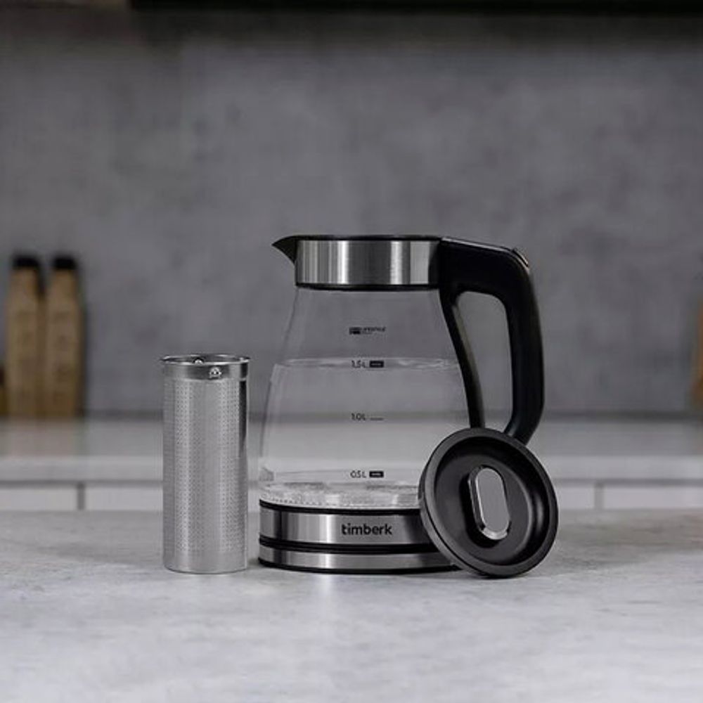 Чайник со съемным заварником TIMBERK T-EK27G02, 1,5 л, 1800 Вт, закрытый нагревательный элемент, стекло, стальной
