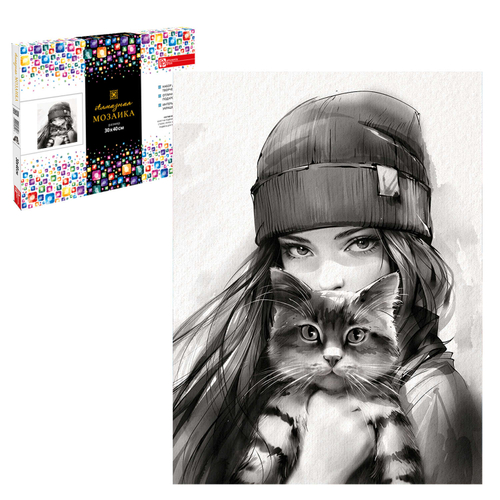 Алмазная мозаика (набор для творчества), ДЕВУШКА С КОТОМ. ОСЕНЬ, 30x40 см, форма страз: квадратная, 14 цветов страз, картонная коробка