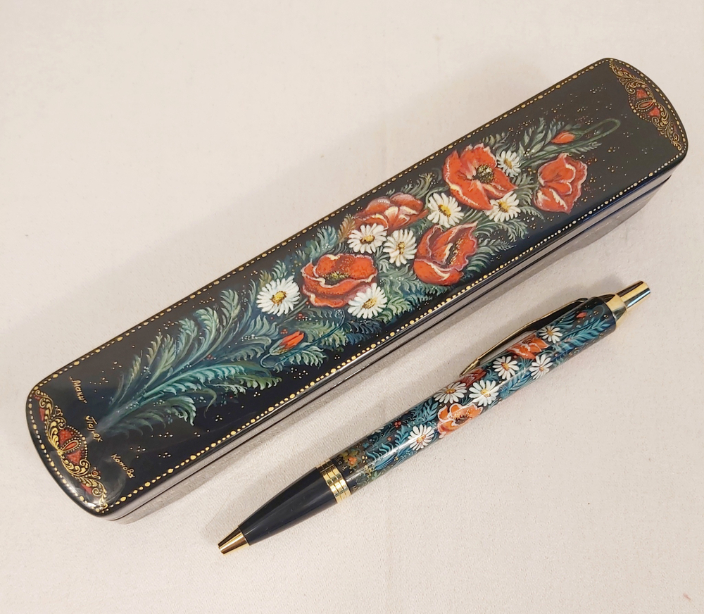 Ручка Паркер в шкатулке с ручной росписью "Ромашки и маки"
