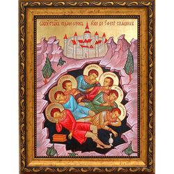 Семь  спящих отроков Эфесских. Икона на холсте.
