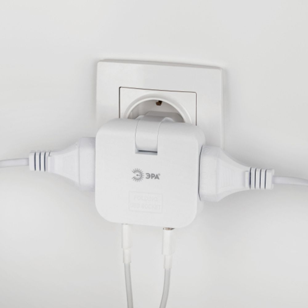 Разветвитель электрический ЭРА SPF-2-FL-USBC поворотный на 2 розетки + 2USB A+C 10А белый | Электротовары