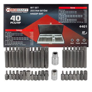 Набор бит с битодержателями 40пр. (10мм)(75/30мм:T20-T55,H4-H12,M5-M12) FORCEKRAFT FK-4401