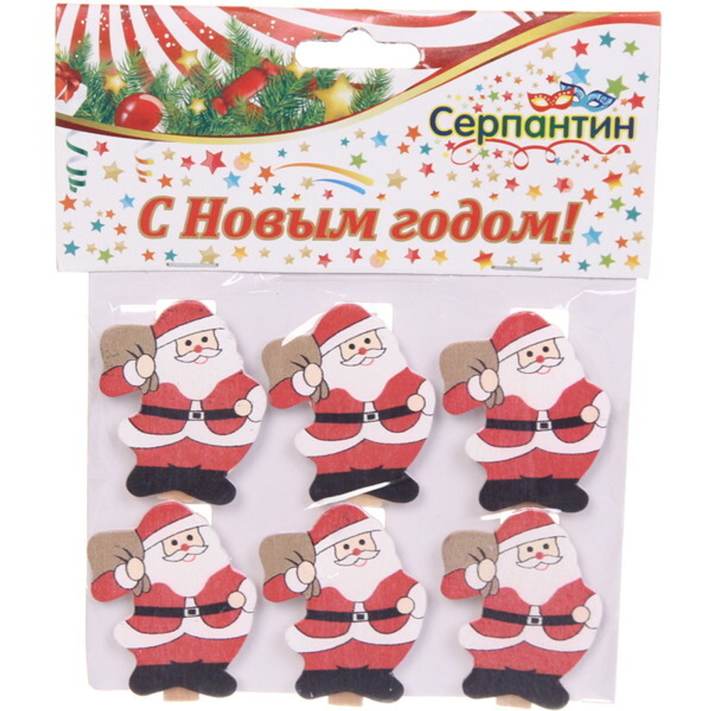 Прищепки декоративные «Дед Мороз» 4 см (набор 6 шт)