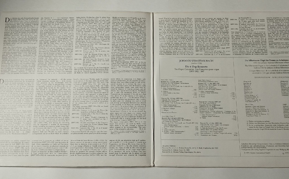 Винтажная виниловая пластинка LP J. S. Bach И.С. Бах, Карл Рихтер Karl Richter Die 6 Orgelkonzerte 6 Органных Концертов, BWV 592 597 (Germany 1974)